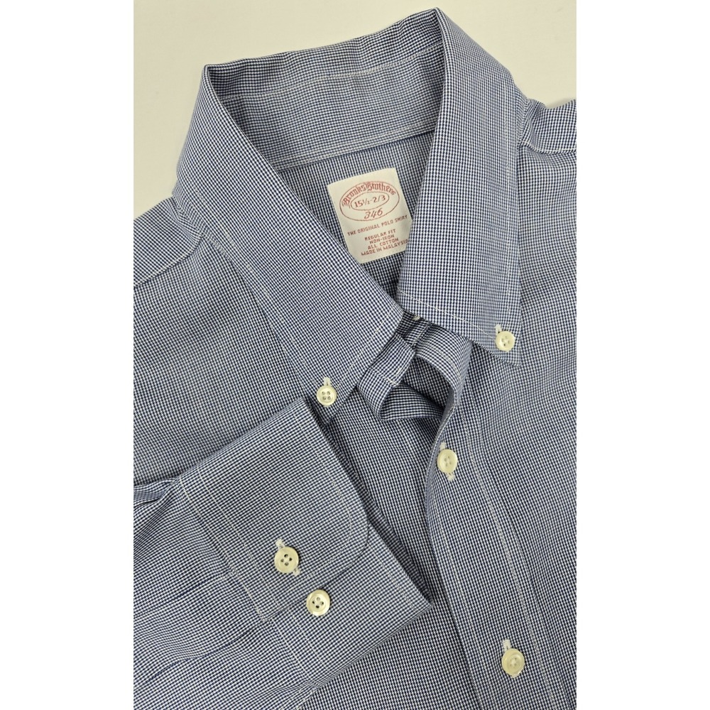 Brooks Brothers 346 Shirt Mens 15.5-2/3 Blue Houndstooth Long Sleeve Button Down